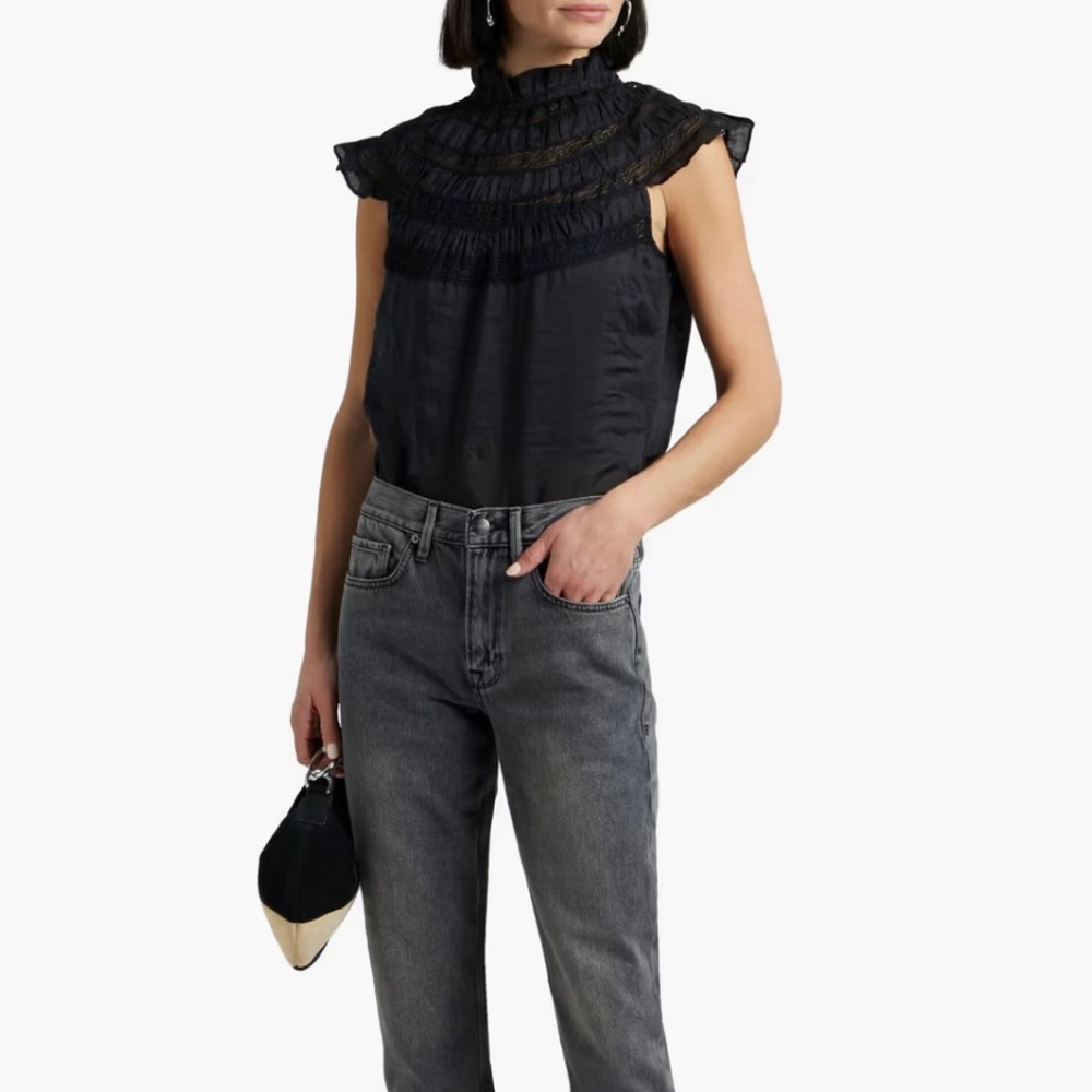NWT Frame Ramie Lace Trim Top in Noir, Large